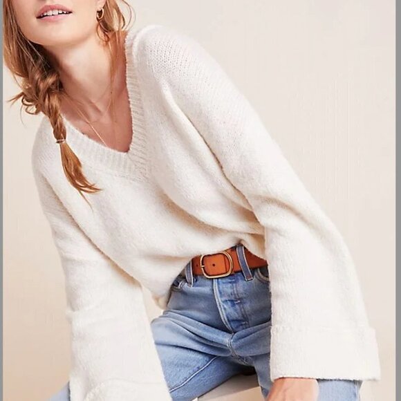 Anthropologie Maggie Oversized V-Neck Pink Cream Pullover Sweater Women's Medium - Picture 3 of 13